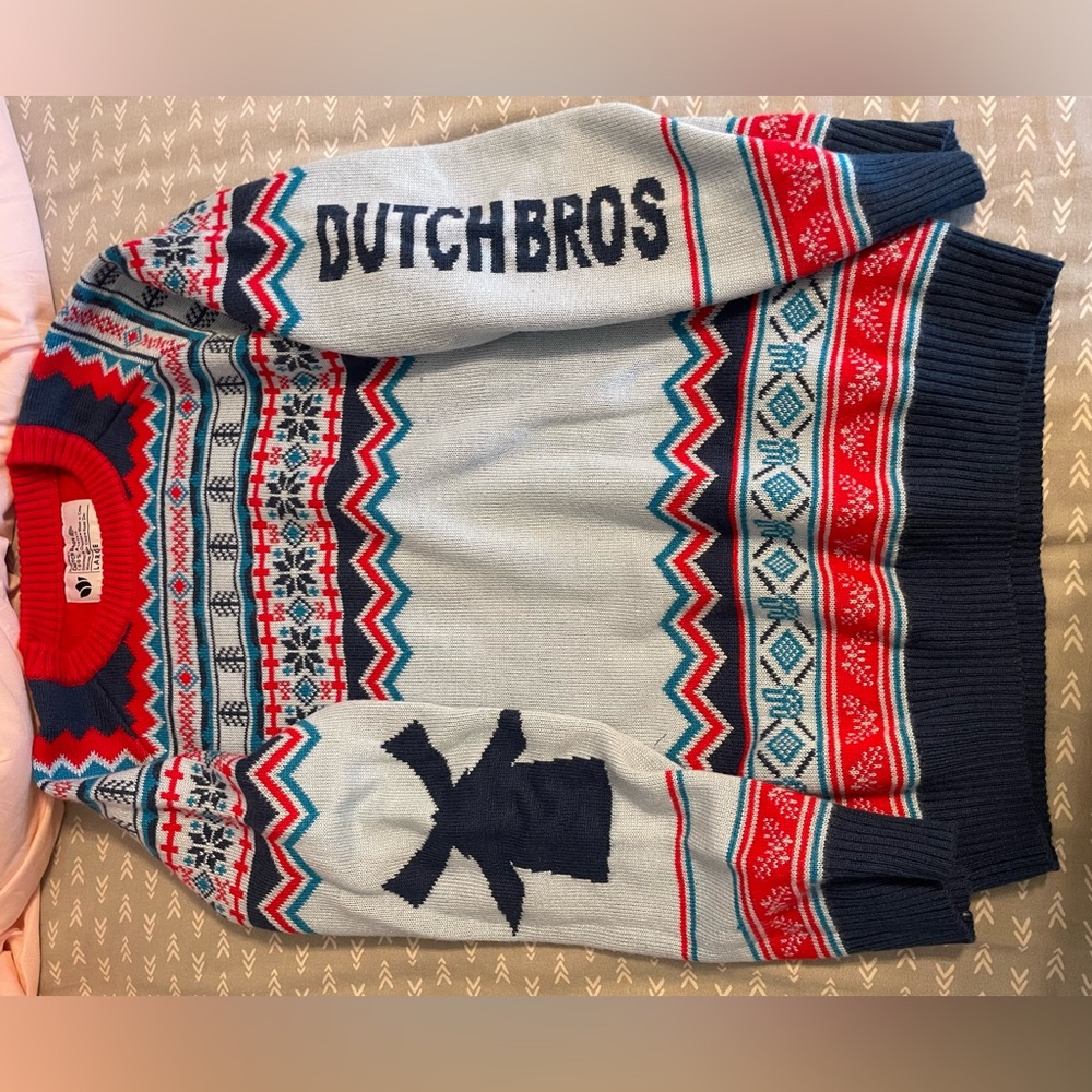 Dutch Bros Red and Blue Crewneck Sweater with Geometric Pattern